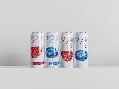 27 Beverage Cans Displaying Strawberry Blueberry Flavors Colorful Spherical Patterns in Row on White Background 3d model