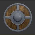 Historical Medieval Circular Shield With Wooden Surface And Decorative Metal Accents