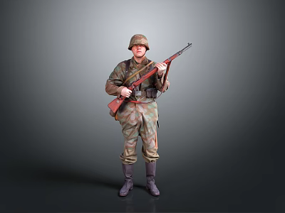 Military Soldier in Camouflage Uniform Holding Rifle Standing on Gray Background 3d model