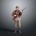 Military Soldier in Camouflage Uniform Holding Rifle Standing on Gray Background