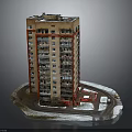 Multistory Brick Apartment Building With Red Accent Frames Balconies And Snowy Surroundings