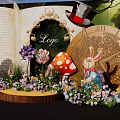Whimsical Stage With Open Book Ornate Mirror Top Hat Mushrooms Rabbit Playing Cards And Flowers