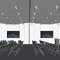 Modern Conference Room Interior With Foldable Chairs Multiple Screens Wooden Walls And Blue Carpet