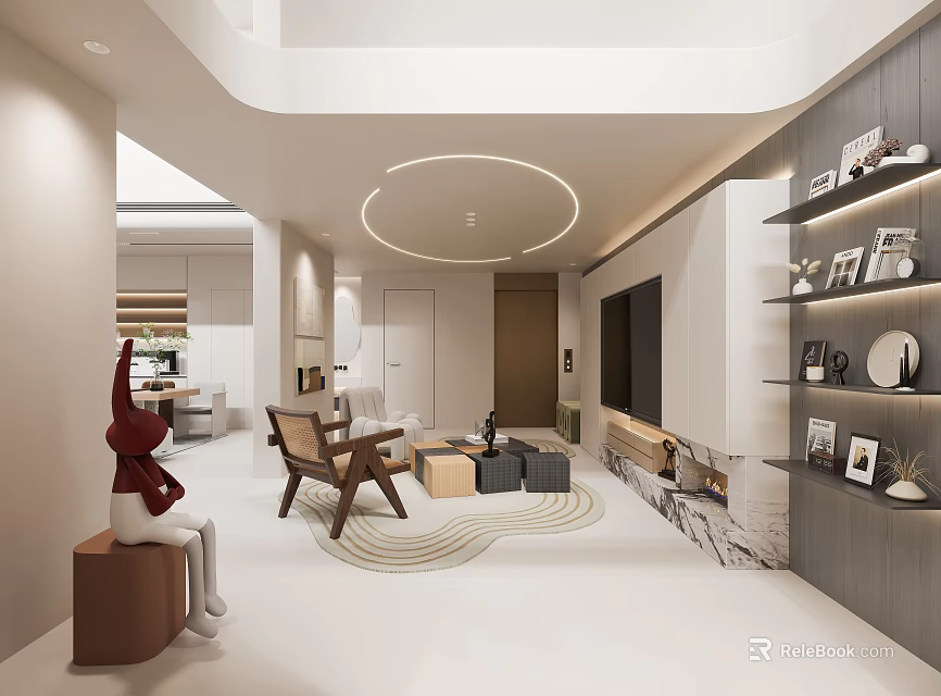 Modern Living Room Interior Design With Circular Ceiling Light Brown Chair And Decorative Shelves 3d model 