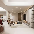 Modern Living Room Interior Design With Circular Ceiling Light Brown Chair And Decorative Shelves