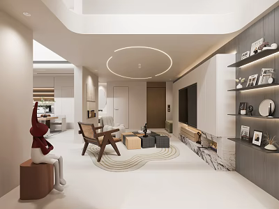 Modern Living Room Interior Design With Circular Ceiling Light Brown Chair And Decorative Shelves 3d model