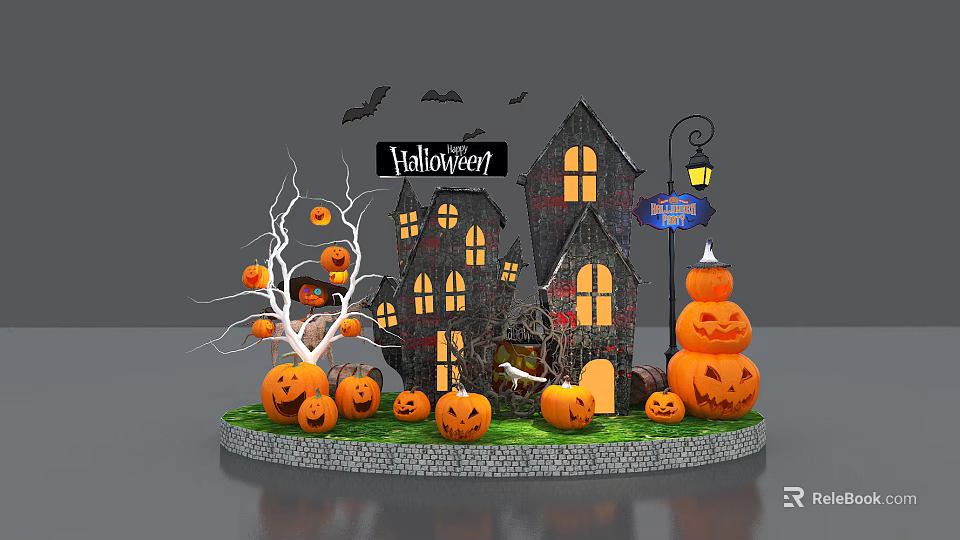 Spooky Halloween Decorative Scene With Haunted House Pumpkins Bats And Lantern 3d model 