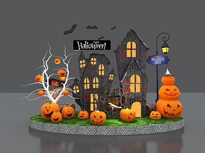 Spooky Halloween Decorative Scene With Haunted House Pumpkins Bats And Lantern 3d model