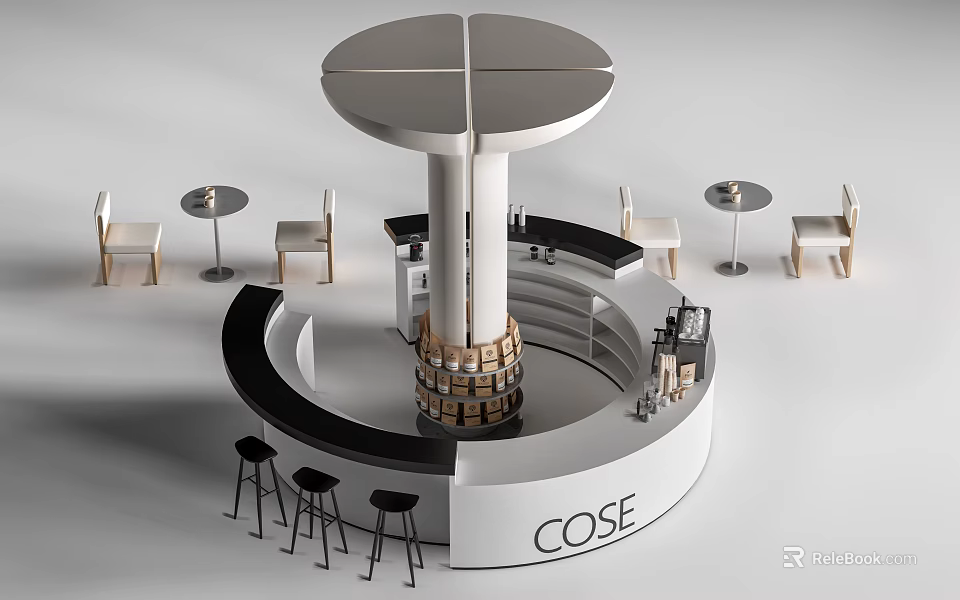 Modern Circular Bar Design With Black High Stools Wooden Barrels And Round Tables 3d model 