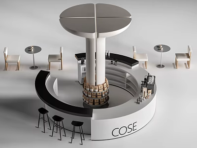 Modern Circular Bar Design With Black High Stools Wooden Barrels And Round Tables 3d model