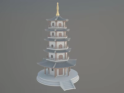 Traditional Chinese Pagoda with Multiple Layers Golden Spire and Base Steps 3d model