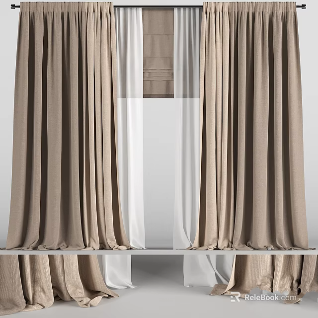 Beige Layered Curtains With Sheer Inner Panel For Modern Home Decor 3d model 