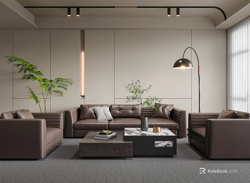 Modern Living Room With Brown Leather Sofas Coffee Table Green Plants And Floor Lamp 3d model 
