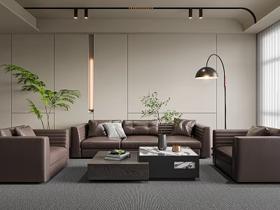 Modern Living Room With Brown Leather Sofas Coffee Table Green Plants And Floor Lamp 3d model