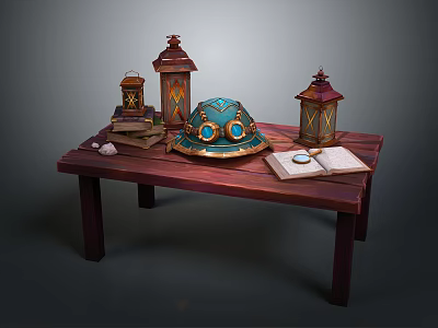 Vintage Wooden Table with Decorative Lanterns Blue Hat Books Open Book and Magnifying Glass 3d model