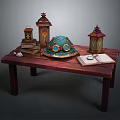 Vintage Wooden Table with Decorative Lanterns Blue Hat Books Open Book and Magnifying Glass