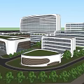 Modern Office Building Complex Featuring Glass Facades Green Landscaping And Open Plaza