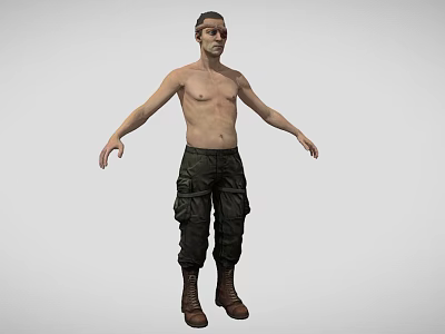 Shirtless Man In Dark Cargo Pants And Brown Boots With Arms Outstretched 3d model