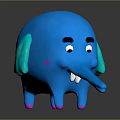 Cartoon Blue Elephant 3D Character With Pink Cheeks And Feet On Dark Background Shiny Reflection