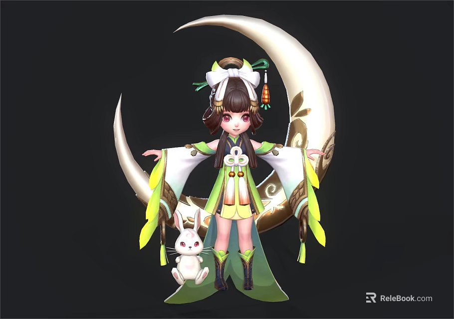 Cute Child Wearing Green and White Traditional Costume with White Rabbit and Golden Patterned Moon 3d model 