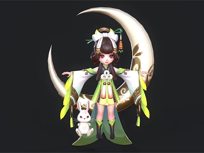 Cute Child Wearing Green and White Traditional Costume with White Rabbit and Golden Patterned Moon 3d model