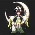 Cute Child Wearing Green and White Traditional Costume with White Rabbit and Golden Patterned Moon