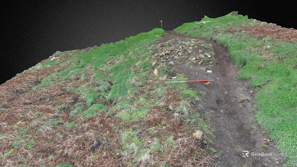 Green Hillside Scenery with Dirt Path Stones and Red Object Under Dark Sky 3d model 