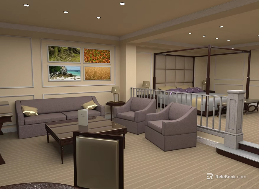 Cozy Leisure Area Interior With Sofa Armchairs Coffee Table Wall Art And Carpet 3d model 