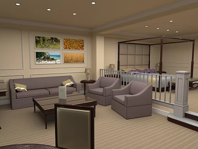 Cozy Leisure Area Interior With Sofa Armchairs Coffee Table Wall Art And Carpet 3d model
