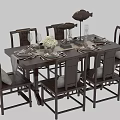Chinese Style Wooden Dining Table Set With Chairs Tableware And Decorative Bouquet