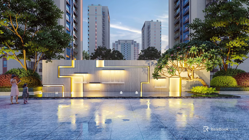 Modern Garden Landscape Featuring High Rise Buildings Reflecting Pool Soft Lighting Lush Trees Geometric Wall 3d model 