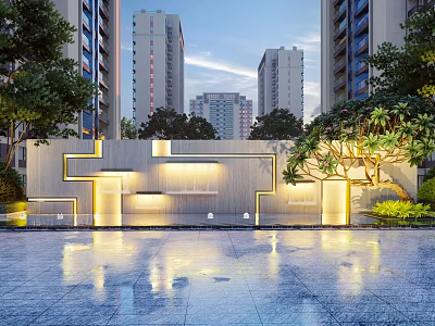 Modern Garden Landscape Featuring High Rise Buildings Reflecting Pool Soft Lighting Lush Trees Geometric Wall 3d model