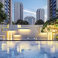 Modern Garden Landscape Featuring High Rise Buildings Reflecting Pool Soft Lighting Lush Trees Geometric Wall