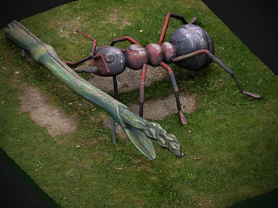 Large Reptile Sculpture Display With Insect Figures On Green Grass Area 3d model