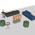 Modern Sofa And Coffee Table Set With Black Blue Sofas Unique Design And Round Stools 3d model