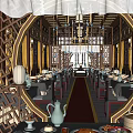 Traditional Chinese Banquet Hall Interior With Chandeliers Screens And Red Carpet