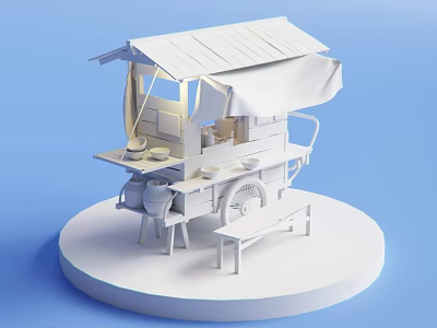 White Paper Craft Food Cart With Canopy Small Table Wheels And Bench On Blue Background 3d model