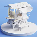 White Paper Craft Food Cart With Canopy Small Table Wheels And Bench On Blue Background