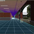 Office Corridor With Red Brick Walls Arched Doorways Wooden Ceiling And Gray Terrazzo Floor