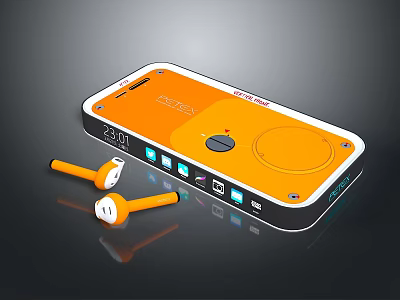 NEXO Orange Compact Portable Computer With Headphones And Time Display Screen 3d model