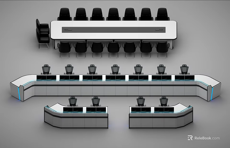 Modern Office Workstation Desks With Multiple Ergonomic Chairs And Curved Layout 3d model 