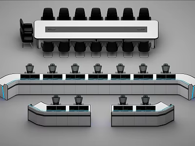 Modern Office Workstation Desks With Multiple Ergonomic Chairs And Curved Layout 3d model