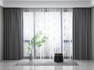 Gray Curtains With White Sheer Layers In Modern Room With Green Plant And Natural Light 3d model