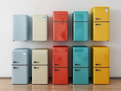 Colorful Vintage Style Refrigerators Displayed in Rows for Home Kitchen Use 3d model