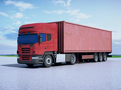 Large Red Container Truck Parked On Asphalt Road Under Blue Sky 3d model