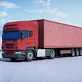 Large Red Container Truck Parked On Asphalt Road Under Blue Sky
