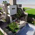 Modern Two Story Detached Villa With Roof Greenery Black Gate And White Fence