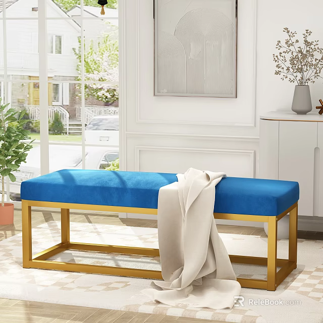 Blue Upholstered Sofa Bench With Gold Metal Frame And Beige Blanket In Modern Living Room 3d model 