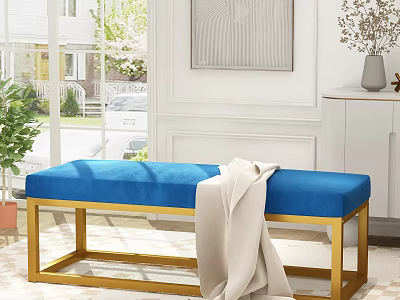 Blue Upholstered Sofa Bench With Gold Metal Frame And Beige Blanket In Modern Living Room 3d model
