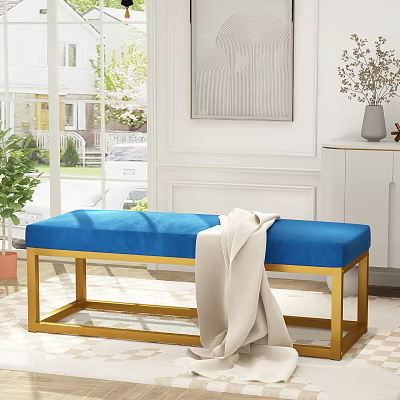 Blue Upholstered Sofa Bench With Gold Metal Frame And Beige Blanket In Modern Living Room 3d model